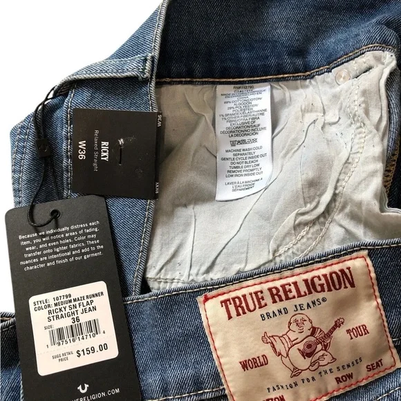 True Religion Men’s Ricky Big T Flap Jeans 36x33 Blue Maze Relaxed Straight NWT - Picture 8 of 8